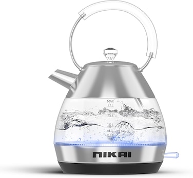 1.7L 2200W Traditional Electric Glass Kettle, Auto-Shutoff, Advanced UK Technology for Swift Boiling and Safety, Rapid Boil in less than 1 min, Boil Dry Protection