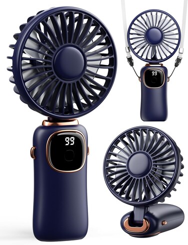 Portable Handheld Fan, 4000mAh Battery Operated Fan with LED Display, Handheld/Neck/Desk 3 in 1 Personal Small Fan, 90&deg; Foldable Desk Fan with Base
