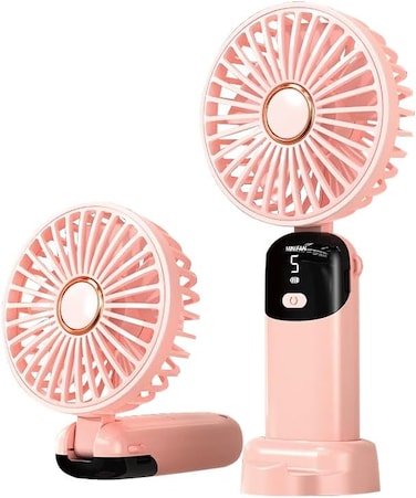 Portable Foldable Mini Fan &ndash; 5-Speed USB Rechargeable Desk &amp; Handheld Fan with LED Display, Quiet, Battery Operated for Home, Office &amp; Travel (Pink)