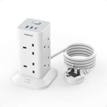 Radiotronics Tower Extension Lead With 3 USB Slots, 8 Way Multi Plug Extension, Surge Protection Cord With Switch, Socket Power Strip, 2M Cable for Home, School Supplies