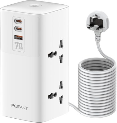 70W Tower Power Extension Cord, 4 Universal Outlets, 2 USB-C PD3.0 &amp; 1 USB-A Fast Charging Ports, USB-C Desktop Charging Station, 2M Cable