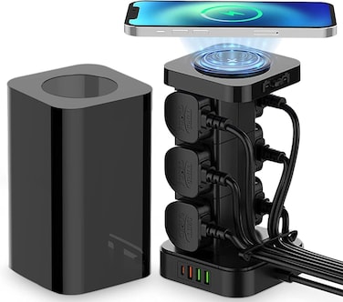 Power Extension Cord With Wireless Charger and Cable Management Box with lock,4 USB Ports (30W 1* PD,18W 1* QC3.0,2* USB-A), And 6 Outlets 2500W Power Socket