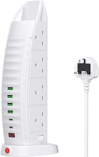 Power Extension, 8 Outlets, 4 USB Ports, 2 Type-C Ports, 2 Meter Cord, Surge Protection, White, UAE Standard Tower Extension