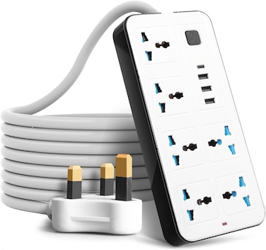Universal Power Strip with 6 Outlets, 3 USB Ports, 1 Type-C Port, 2M Extension Cord, Desktop Charging Station for Home, Office and Dorm (White)