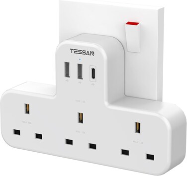 Radiotronics 6 in 1 Power Strip Extension Plug, USB C Charger Plug AE, TESSAN Multiple 3 Way Triple Plug Extender Socket with 3 USB, Multi plug Charging Station