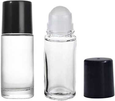 2Pcs Clear Glass Deodorant Bottles with Plastic Roll-Ball &amp; Black Lid - Essential Oil Rollers