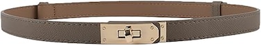 Women's Skinny Leather Belt with Adjustable Golden Turn-Lock Buckle - Ideal for Dresses, Jeans, and Coats, Elephant Grey