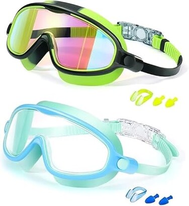 Kids Swim Goggles 2 Pack Anti-Fog Anti-UV Wide View Swimming Goggles Pool Goggles for Kids 3-15 (Light Blue &amp; Black Green)