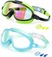 Kids Swim Goggles 2 Pack Anti-Fog Anti-UV Wide View Swimming Goggles Pool Goggles for Kids 3-15 (Light Blue &amp; Black Green)