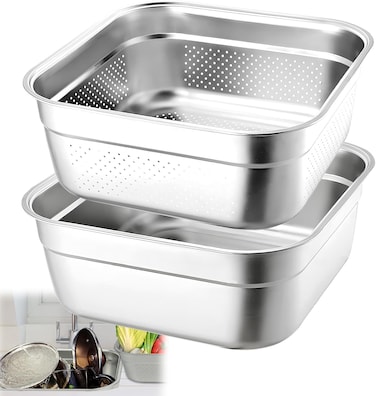2-in-1 Stainless Steel Washing Up Bowl Set, Fruit Vegetable Washing Basin for Sink, Food Grade Dishpan for Draining Rice, Pasta, Food Strainer Mixing Bowl