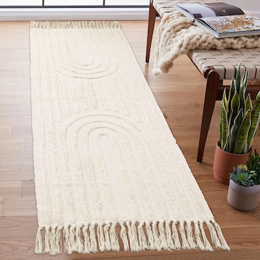 1pcs Beige Bathroom Runner Washable Tufted Rainbow Rug with Tassels Indoor Farmhouse Neutral Floor Carpet for Kitchen Hallway Laundry Doorway Bedroom Living Room