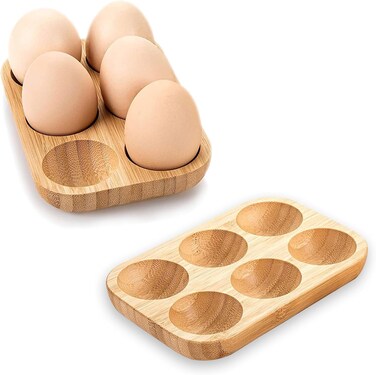 Egg Cups for Refrigerator, 2 Pieces Fridge Egg Organizer, Wooden Egg Trays with Capacity for 12 Eggs, Suitable for Refrigerators and Dining Tables, Length x Width: 15 x 10 cm