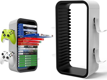 BGGCHEECA OYO-1【15.8INCH】 game Storage Tower Compatible Universal Video Games Discs Organizers 18 PCS with 4 Controllers Holder, Game Disk Box Stand.(White/Black)