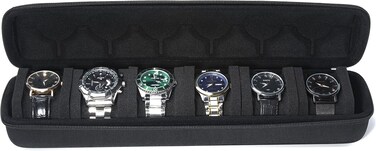 6 Watch Roll Travel Case, Hard Zipper Case Storage and Organizer for Men and Women, with anti-move watch pillow (Black 6 slots)