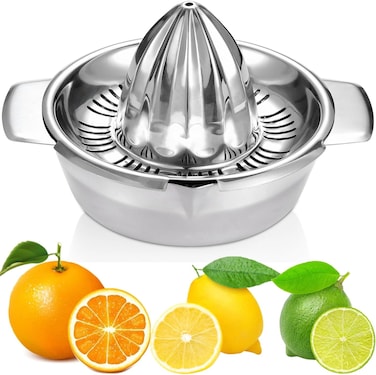 Citrus Lemon Orange Grapefuit Juicer Manual Squeezer 304 Stainless Steel Robust Hand Juicer Reamer Rotation Press with Strainer＆12 OZ Bowl, 2 Pour Spouts