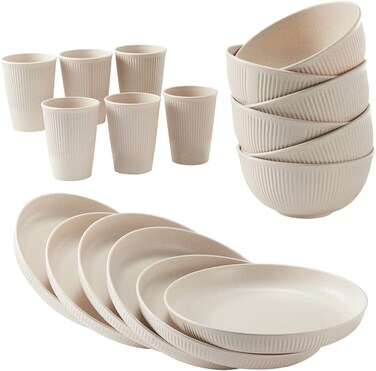 18pcs Wheat Straw Dinnerware Sets Unbreakable Reusable Dinnerware Set Kitchen Cups Plates and Bowls Sets Dishwasher Microwave Safe Plates