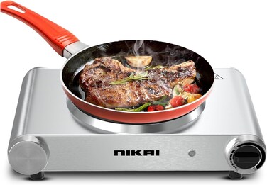Single Hot Plate - 1500W Power, Adjustable Thermostat, Overheat Protection, Die Cast Iron Hotplates, Power indicator light, Stainless Steel Body, Easy Control - NKTOE4N2