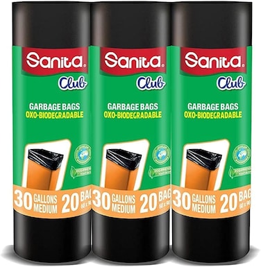 Garbage Bag Oxo-Biodegradable Roll, 30 Gallons, Black, Medium, 20 Bags, Pack Of 3