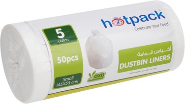 Disposable Plastic Strong &amp; Bio-Degradable Dust Bin Liner Bag Roll White 5 Gallon 45x55cm Small Size, 50 Pieces