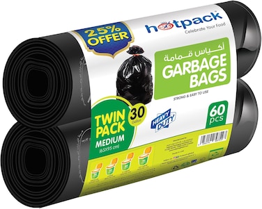 Disposable Strong &amp; Bio-Degradable Heavy Duty Garbage Bag Roll Twin Pack, Medium, 60 Pieces