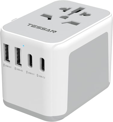 Universal Travel Adapter Worldwide with 2 USB C and 2 USB A Ports, International Travel Adapter for Multi Countries EU, USA, UK, Australia, Thailand etc