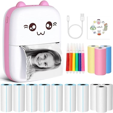 Mini Thermal Printer, Bluetooth Label Maker, Portable Sticker Printer for Printing Photos, Sticky Notes, Lists (Includes 13 Rolls of Thermal Paper&amp;5 color pens)