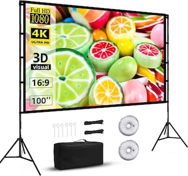 TDOO Projector Screen with Stand 100 Inch upgrade Portable Projection Screen, 16:9 4K HD Projection Movie Screen for Indoor Our Home Theater Backyard Cinema Travel