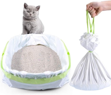 Radiotronics Jumbo Cat Litter Box Liners, 14 Count Drawstring Bags (36" x 18") - Easy Clean Up, Thick XL Kitty Pan Liner - Eco-Friendly Pet Cat Supplies