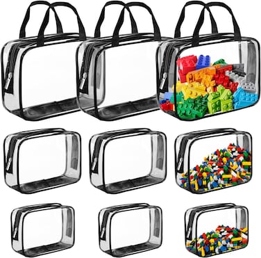 Radiotronics 9 Packs Clear PVC Toy Storage Bags Toiletry Bags Waterproof Kids Zippered Toy Organizing Bags for Building Blocks Puzzle Stationery Black