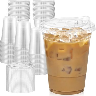 100 Pack - 16 oz Clear Plastic Cups with Lids, Sturdy &amp; Food Safe Iced Coffee Cups with lids, Disposable Plastic Smoothie Cups for Cold Drinks, Sip Lids