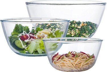 Glass Mixing Bowl Set of 3 for Kitchen, Baking, Prepping, Serving, Cooking 1.1QT, 2.5QT, 4.2QT Large Salad Bowl Set, Stackable, Non-toxic, Microwavable, Great Gift