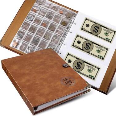 coin collecting holder album with 150 coin pockets and 240 paper currency pockets, pu leather coins collection holder penny currency storage book