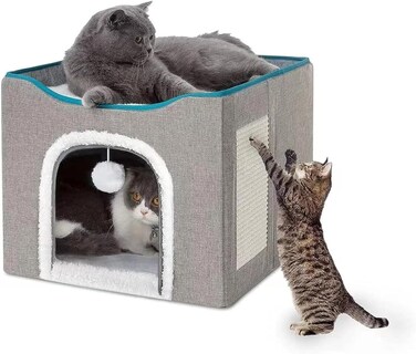 Cat Beds for Indoor Cats - Large Cat Cave with Fluffy Ball Hanging and Scratch Pad, Foldable Cat Hideaway