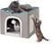Cat Beds for Indoor Cats - Large Cat Cave with Fluffy Ball Hanging and Scratch Pad, Foldable Cat Hideaway