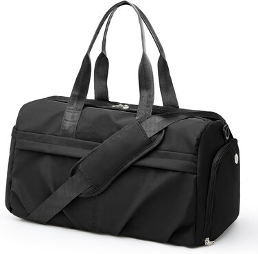 Gym Bag for Women Men with Shoe Compartment, Sport Duffel Bag, Waterproof Travel Weekender Overnight Carry on Bag for Yoga with Trolley Sleeve, Black, A-Black, Shoe Compartment