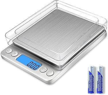 Radiotronics Grams Scale Ounce Mini Scale, 3000g by 0.1g Accuracy, Digital Food Kitchen Durable Scale for Baking, Jewelry, Herbs, Seasoning, Tare Function, Trays Included, Silver