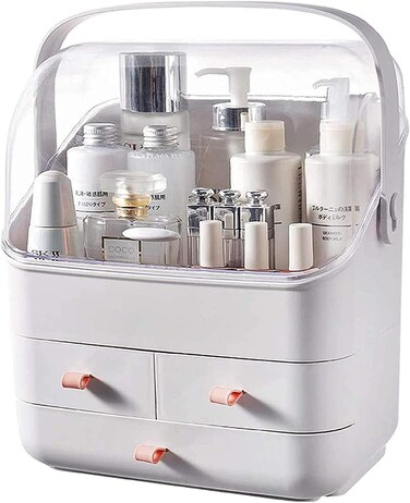 Makeup and Jewelry Organizer Box for Women and Girls - Earring Holder, Cosmetic Display With Lid, Skincare Organizer (White)