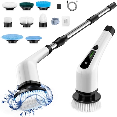 Cordless Electric Spin Scrubber, Electric Cleaning Brush with 8 Replacement Brush Heads, 90Mins Working Time, for Bathroom Kitchen Bathtub Glass Car