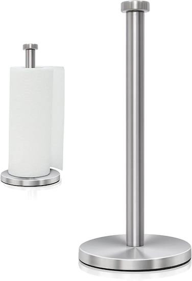 Stainless Steel Paper Towel Holder Countertop, Standing Paper Towels Holder for Kitchen Dining Table Bathroom, Weighted Paper Towel Holder for Standard or Large-Sized Roll (Silver)