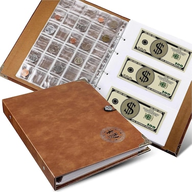 Coin collecting holder album with 150 coin pockets and 240 paper currency pockets, pu leather coins collection holder penny currency storage book, Zonon-Holder