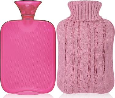Hot Water Bottle with Cover Knitted, Transparent Hot Water Bag 2 Liter - Pink