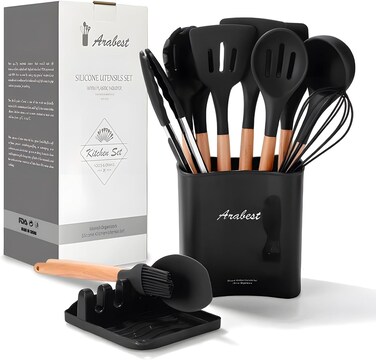Silicone Kitchen Utensil Set-13pcs,Wooden Handles Utensils Tool for Nonstick Cookware,Non Toxic Heat Resistant Kitchen Tools Set With Storage Bucket And Lid Rest