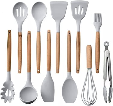 12-Piece Silicone Cooking Utensil Set, Heat Resistant, Wooden Spoons (Gray)