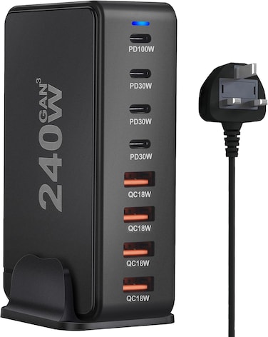240W USB C Charger Charging Station - 4 Type-C Ports (100W, 3x 30W) and 4 USB Ports (QC18W) - GaN Technology - Certified for Macbook, iPhone, Galaxy, iPad