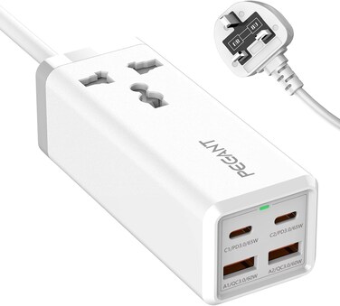 65W 2M Power Extension with 4-Port USB Fast Charger Adapter Universal Plug Socket + 2 USB-C PD3.0 and 2 USB-A QC Surge Protector Outlet 2M Cable