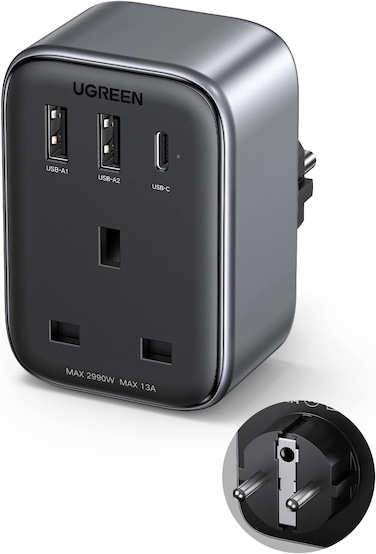 Radiotronics 4-in-1 Travel Charger Adapter 30W Accepts Devices with UAE/KSA/UK Plugs for Use in Type C Sockets in European Plug Travel Converter Charger with 3 USB Ports, Type G 3 Pin to Euro C Plug
