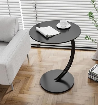 C Shaped End Table Round Bedside Table, Slim Sofa Side Table Modern Nightstand for Small Spaces Living Room Bedroom (Black)