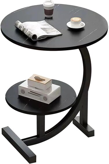 Round Side Table Coffee Couch Bedside Table End Table for Small Spaces C Shaped End Table Drink Table for Living Room, Bedroom, Office, Dorm (Black Marble)