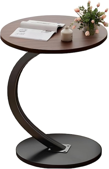 Round End Table : Metal Frame Couch Side Table Wood Top Sofa Table for Living Room Bedroom Bedside Laptop Snack Coffee C Shaped Table 60 x 40 cm (23.5" x16")