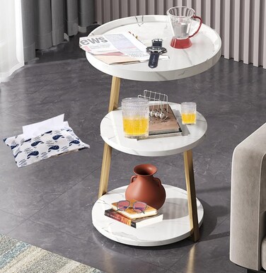 Round Side Table, Modern End Table in Living Room, 3 Tier Sofa Side Table, Wooden Bedside Desk Stand, Industrial Style Coffee Table for Home Decoration, Rustic (White)